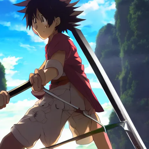 Image similar to anime protagonist tries to pull out a giant sword from the ground, anime key visual, studio ghibli, trending on artstation, 8k UHD, low angle