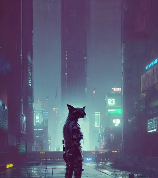 Image similar to new york city portrait of furry anthro anthropomorphic stylized cat head android service droid robot machine fursona wearing gloomy rainy screenshot from the video game cyberpunk 2077 digital art by Greg Rutkowski, Simon Stalenhag, christopher nolan trending on Artstation, CGSociety