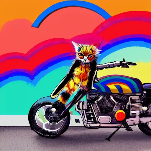 Image similar to wide angle full body, jacket wearing fluffy cute rainbow kitten wearing a black leather motorcycle jacket, cinematic concept art