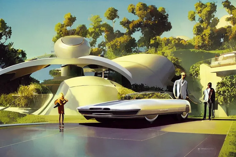 Prompt: a scene of two people standing beside a single retro futuristic car made of reflective metal, on a sloping driveway that leads up to a scifi house on a hill, gardens with flower beds, lawns, futuristic statues, a view of a city far below, syd mead, john berkey, rick berry