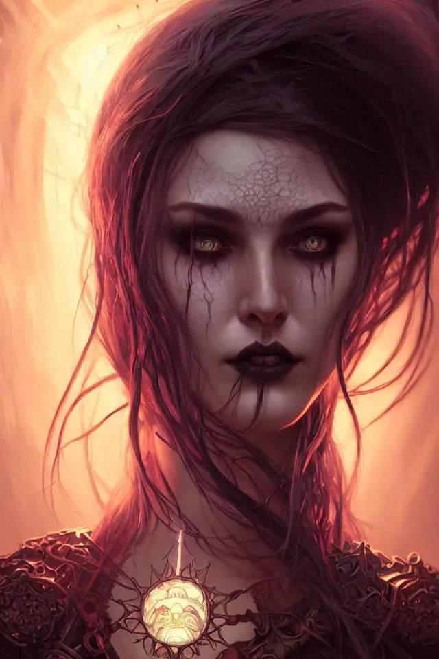 Image similar to Necromancer Sorceress face close-up macro in center, fantasy magic, undercut hairstyle, dark light night, intricate, elegant, sharp focus, illustration, highly detailed, digital painting, concept art, matte, art by WLOP and Artgerm and Greg Rutkowski and Alphonse Mucha, masterpiece