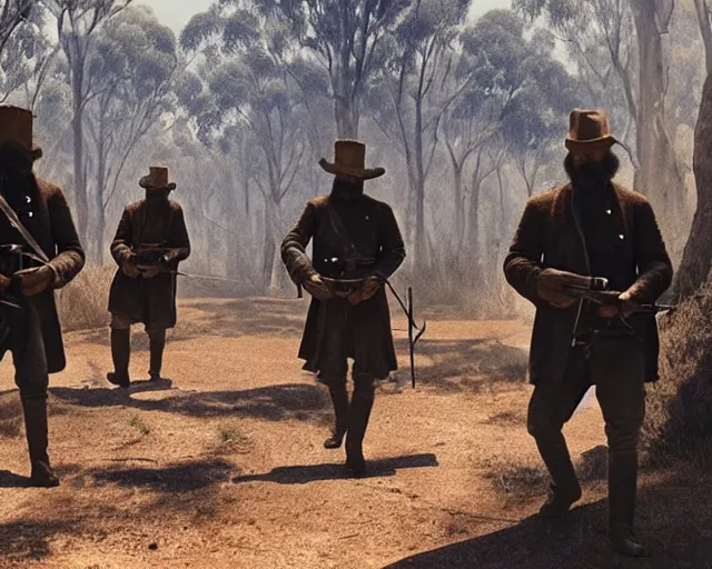 Prompt: ned kelly leading the kelly gang through australian native bushland shootout, epic action pose, global illumination, intricate detail, octane render, concept art, award winning hyperrealism photorealism cinematic still