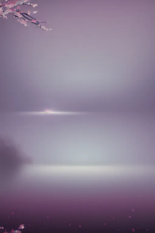 Prompt: misty fog over a lake at night, land in the distance, cherry blossoms, illustration, light beams, simple, minimalist, digital art, oil painting, fantasy, 8 k, trending on artstation, detailed