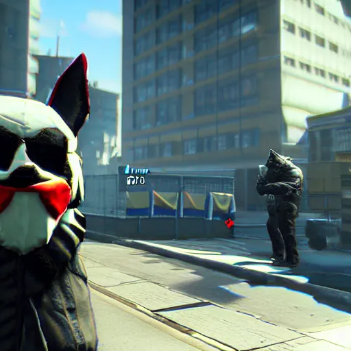 Image similar to Screenshot from the PC game Payday 2 demonstrating the fursuit unlock