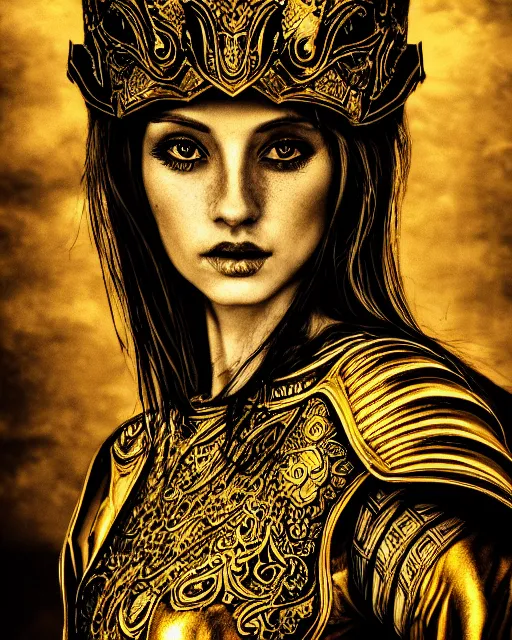 Image similar to ink painting portrait of woman in shining golden armor, high production value, intricate details, high resolution, hdr, high definition, masterpiece, realistic, ultrarealistic, highly detailed, hd, sharp focus, non blurry, sharp, smooth