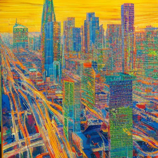Image similar to Hyperrealistic intensely colored studio Photograph portrait of a Godzilla terrorizing Omaha skyline long exposure, award-winning nature expressionistic impasto oil painting by Fabian Marcaccio and Jean Dubuffet and Audubon vivid colors hyperrealism 8k