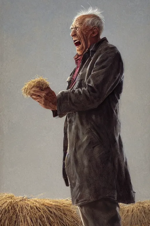 Image similar to an old man yelling at a pile of hay, realistic painting, symmetrical, highly detailed, digital painting, artstation, concept art, smooth, sharp focus, illustration, cinematic lighting, art by artgerm and greg rutkowski and alphonse mucha