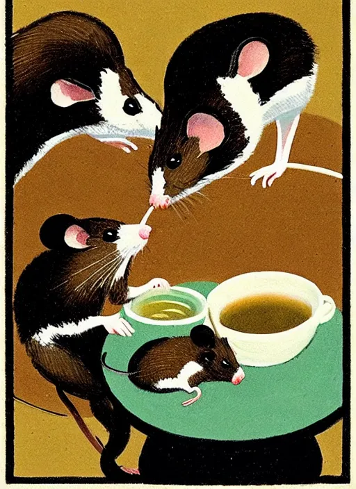 Image similar to an extreme close - up portrait of a mouse family drinking tea, samovar, by billy childish, thick visible brush strokes, shadowy landscape painting in the background by beal gifford, vintage postcard illustration, minimalist cover art by mitchell hooks