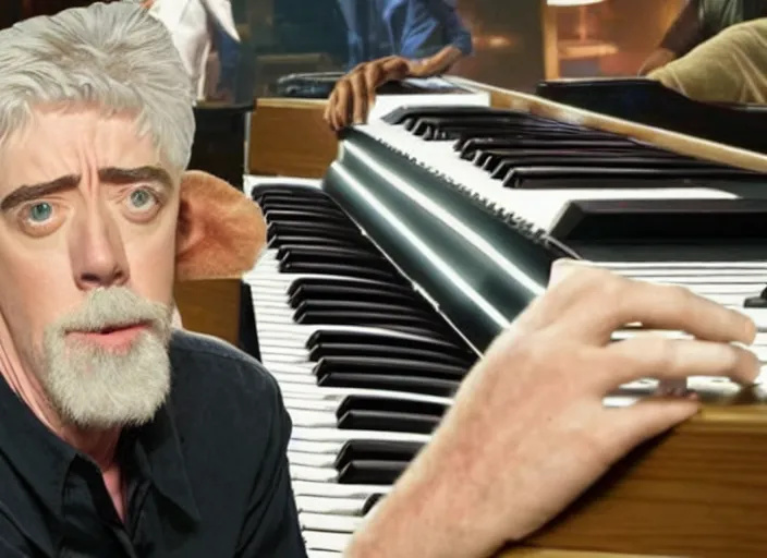 Image similar to michael mcdonald playing keyboard, movie still, from the new gremlins movie, 8 k, realistic