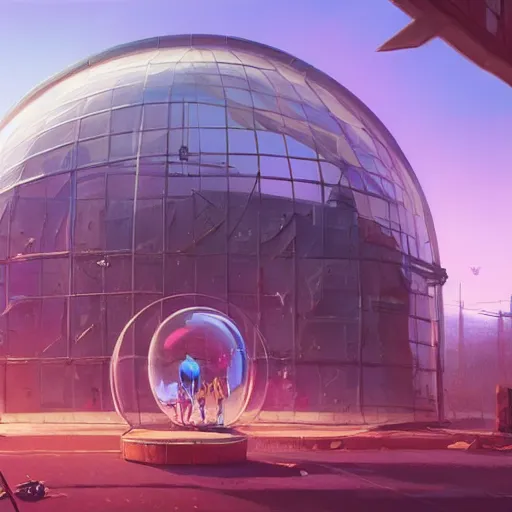 Image similar to A city trapped in a giant transparent dome, bubbles, cinematic lighting, insanely detailed, artstation, cgsociety, painted by Simon Stalenhag, concept art, illustration, sharp focus,
