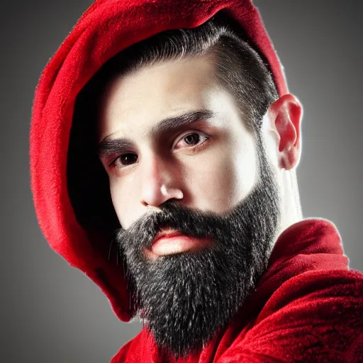 Image similar to a man with a long black beard in a red robe, portrait, realism, cyberpunk, manly beard