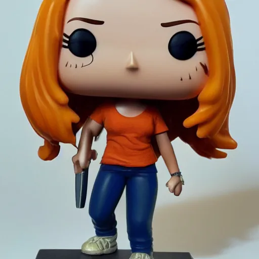 Prompt: a funko pop of annabeth chase, studio lighting, highly detailed, curly blonde hair in a ponytail, orange camp half blood shirt, dagger, jeans, defensive stance