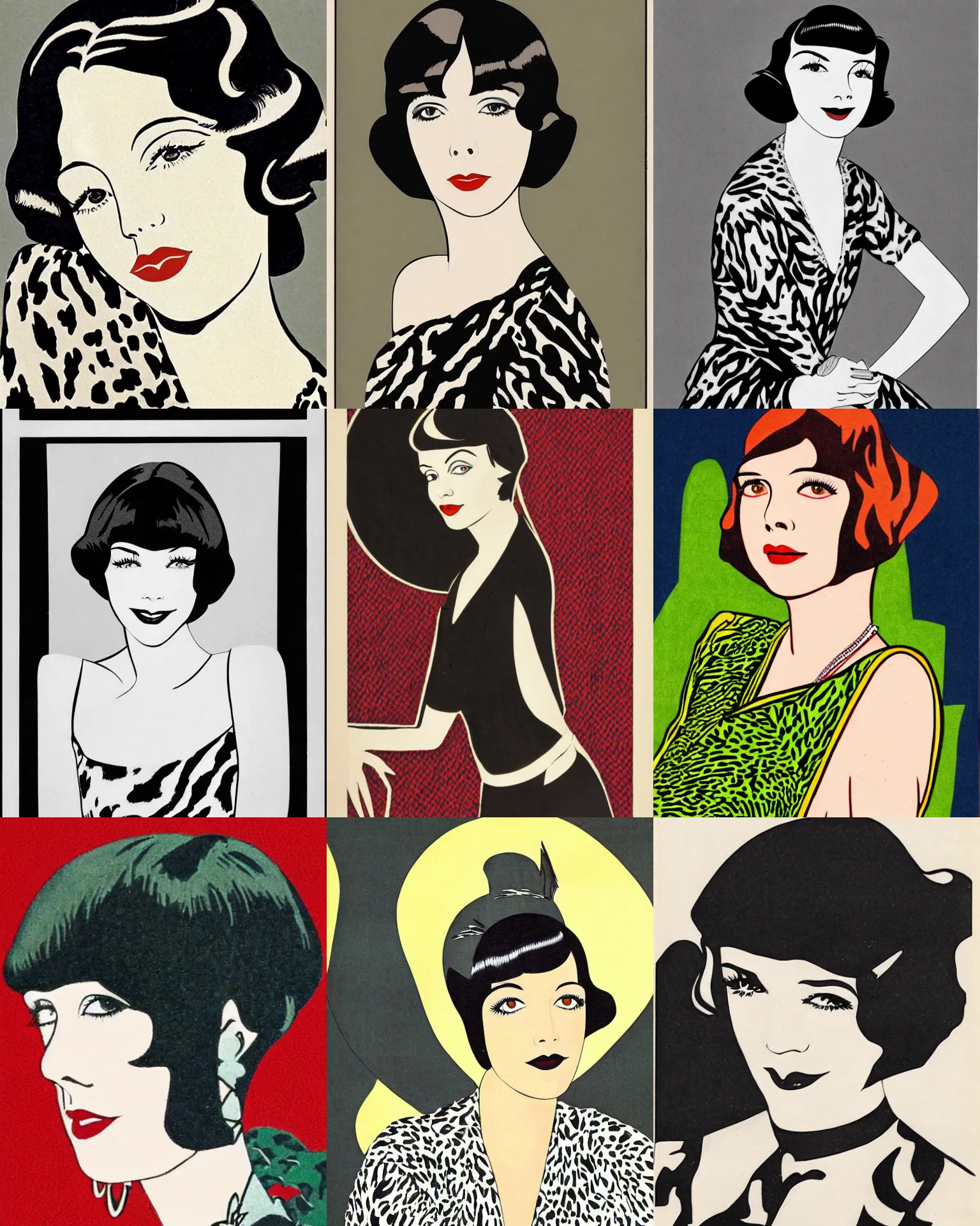 Prompt: Colleen Moore 25 years old, bob haircut, portrait by Patrick Nagel, 1920s, patterned animal print