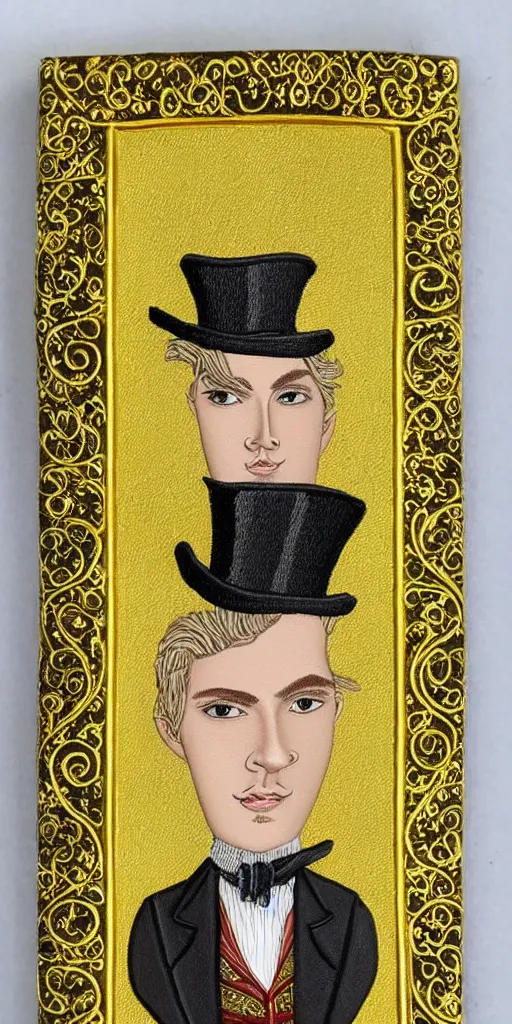 Prompt: beautiful detailed acrylic painting mystical mentalist man, has blond hair and a top hat. Wearing embroidered noble clothes. Heterochroma eyes. A small book with gold filigree in hand. Renaissance. Fantasy.