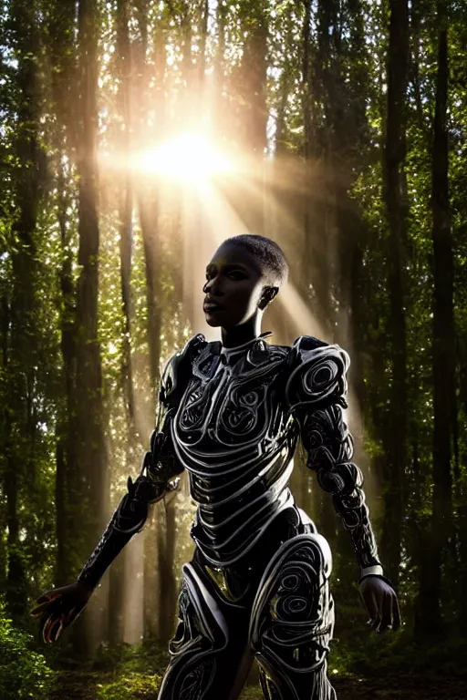 Prompt: hyperrealistic very beautiful black woman, highly detailed exoskeleton armor in a forest, sun behind her soft god rays, concept art eric zener elson peter, dramatic light low angle hd 8k sharp focus