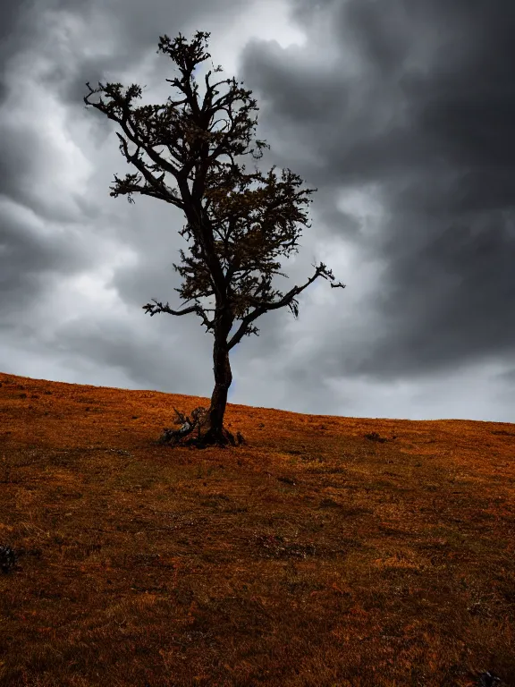 Image similar to photo of 8k ultra realistic lone dead tree on hill surrounded by swirling clouds and lighting, dark, menacing, full of colour, cinematic lighting, battered, trending on artstation, 4k, hyperrealistic, focused, extreme details,unreal engine 5, cinematic, masterpiece, art by Studio Ghibli