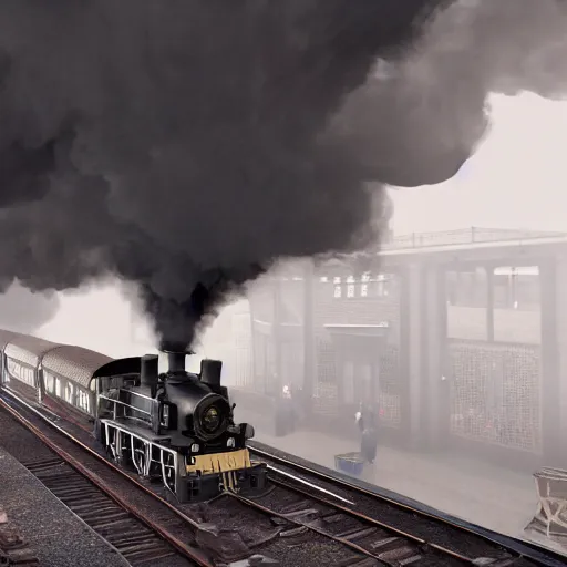 Image similar to a black steam locomotive pulling a train into a Victorian era crowded train station, slight fog, highly detailed, octane render, unreal engine 5