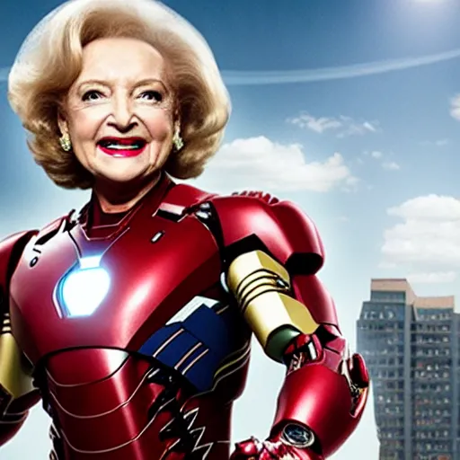 Prompt: portrait, promotional still of betty white as marvel's iron man [ film ], hero pose but shy, action, adventure, romance, imax 7 0 mm, 4 k