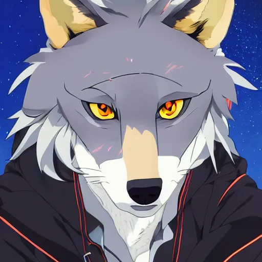 Image similar to key anime visual portrait of an anthropomorphic anthro wolf fursona, in a jacket, with handsome eyes, official modern anime art