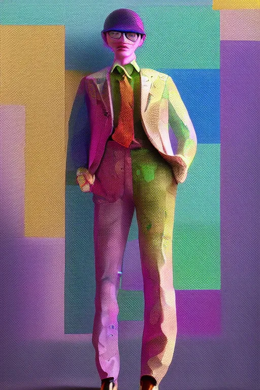 Image similar to a scene with a character wearing a super colorful muted color diy! suit, vivienne westwood!, detailed photoreal render octane render, pointillism, oil on canvas