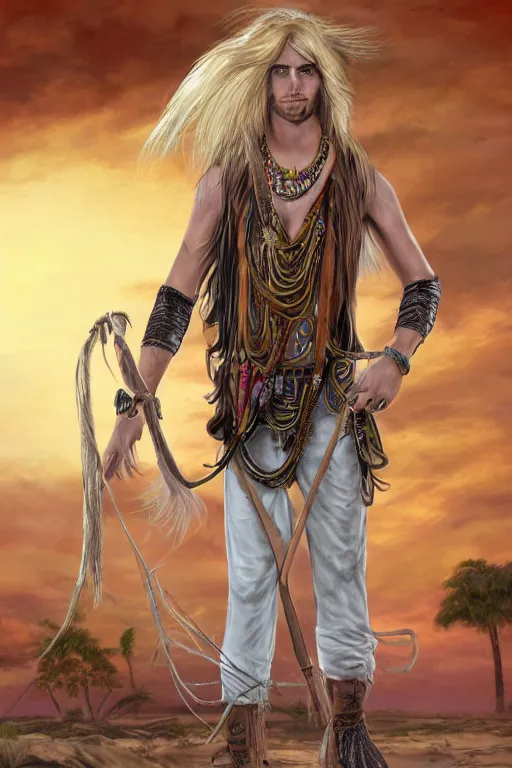 Image similar to a hippy male ranger, dnd, wearing a leather vest and white linen pants, wearing a a shell necklace, long swept back blond hair, a bongo, nunchuku, digital art