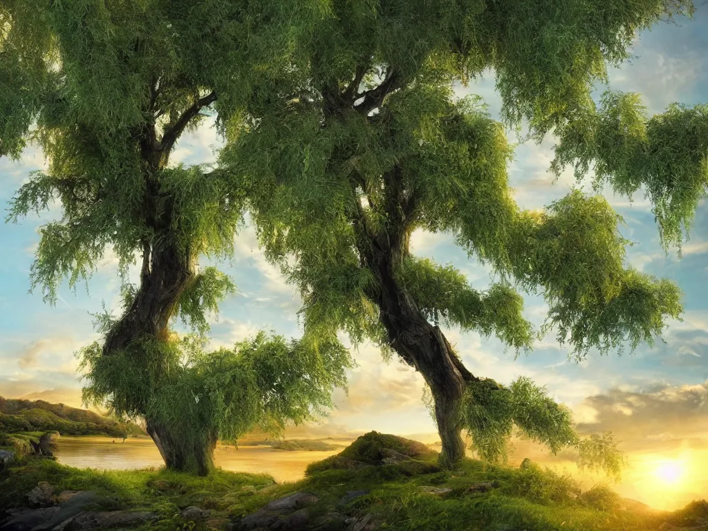 Image similar to featured on artstation majestic dark green willow tree overlooking swirling river valley at sunset, beautiful image stylized digital art