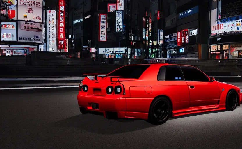 Prompt: wideshot of a Nissan Skyline R34 GTR as a station wagon in tokyo at night, highly detailed, 4k photo, shot with sony alpha, unreal engine,
