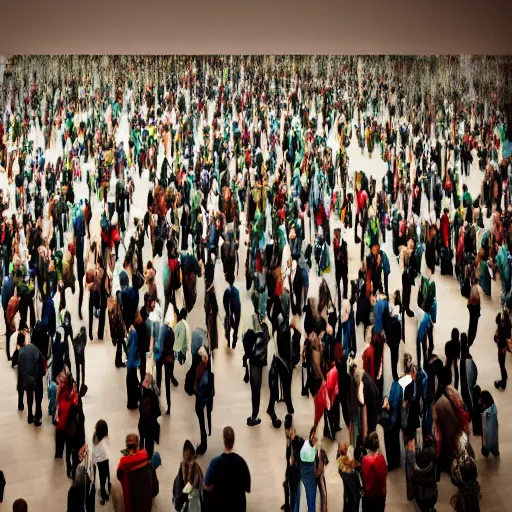 Prompt: a huge room full of people, many tall standing mirrors reflecting the people in room