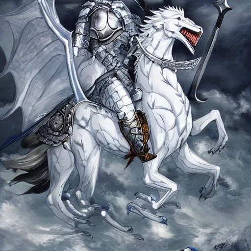 Prompt: a legendary white armored knight wielding an enchanted curved sword riding a white dragon with blue eyes, destroying an army of grey ghouls