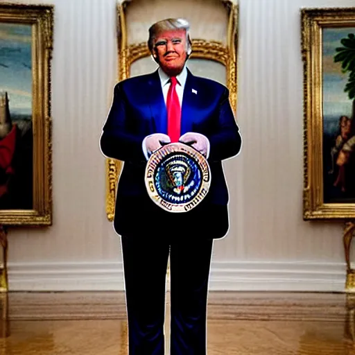 Image similar to full - body - front - shot!!!!!!!!!!!!, donald trump wearing knight'armor, crown, renaissance painting of a knight, detailed face of donald trump