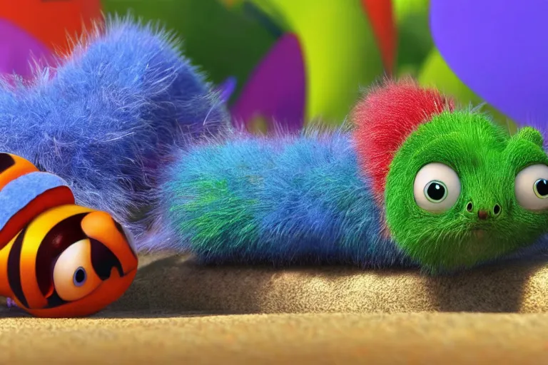 Image similar to disney pixar's a bug's life, cgi caterpillar colorful, furry caterpillar