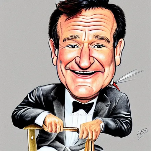 Prompt: a caricature portrait of Robin Williams drawn by Mort Drucker Mad Magazine