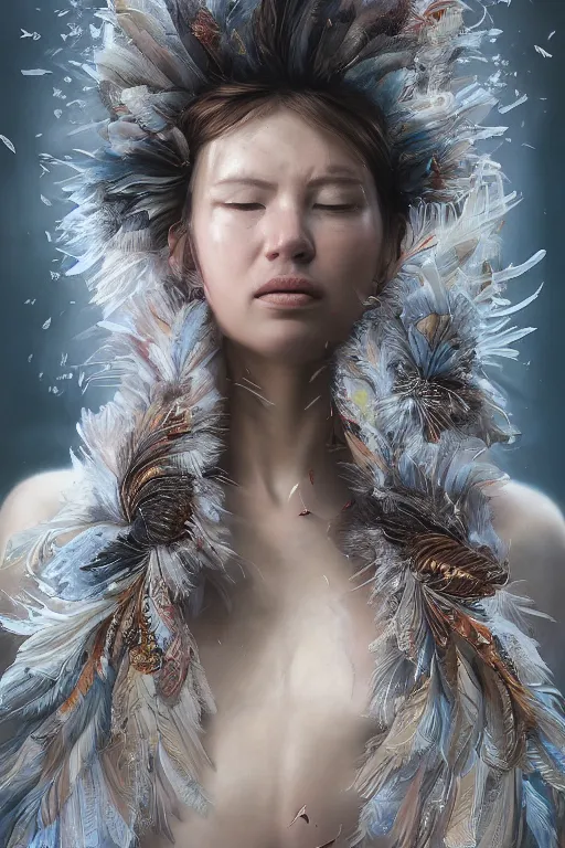 Prompt: A fancy portrait of a women covered in feathers by Greg Rutkowski, beeple, Sung Choi, Mitchell Mohrhauser, Maciej Kuciara, Johnson Ting, Maxim Verehin, Peter Konig, final fantasy, macro lens, 35mm, 8k photorealistic, cinematic lighting, HD, high details, dramatic, dark atmosphere, trending on artstation