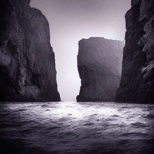 Image similar to A photo of a underwater cliff. Underwater photo, dream like, haunting, atmospheric, cinematic lighting.