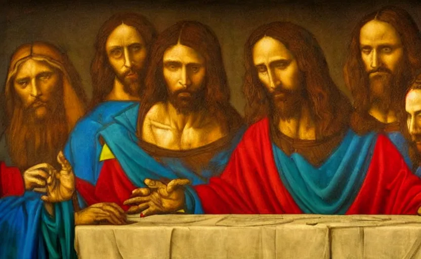 Image similar to Among Us in various primary colors painted like DaVinci's the last supper showing the double-crossing aspect of the main character Jesus stylized as a wall Greco oil painting in Milano Italy