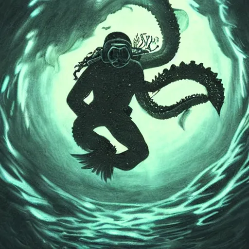 Image similar to old drawing of a scuba diver fighting against a kraken underwater, under water scenery, dramatic lighting, intense, epic, drawing