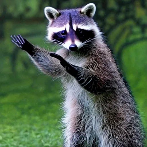 Prompt: a realistic photo of a raccoon dabbing