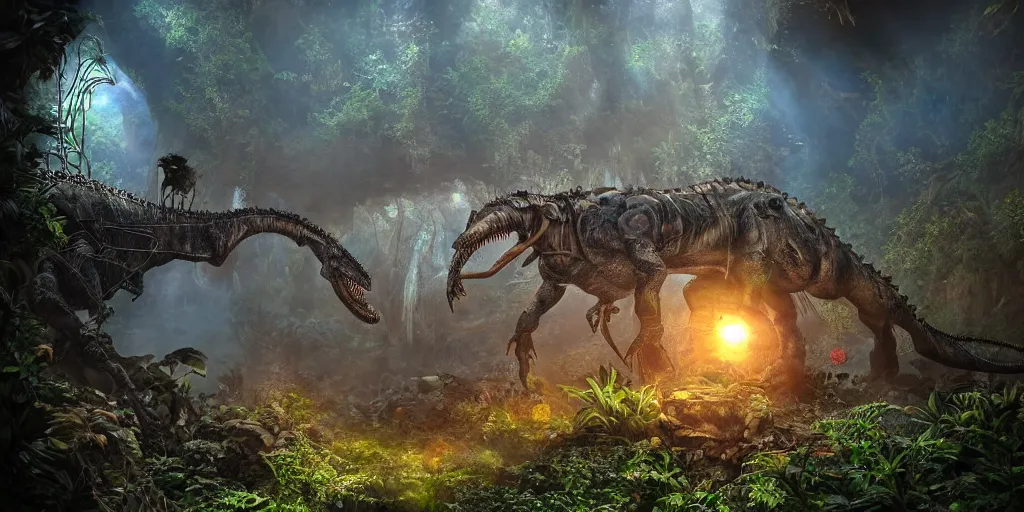 Prompt: magnificent mechanical steampunk dinosaur looking eerily into a cave entrance with lush vegetation and mystical (((glowing algae))) in the sunset, light coming through from holes in the ceiling, desaturated, creepy ambiance, dangerous, sharp focus, highly detailed, artgerm