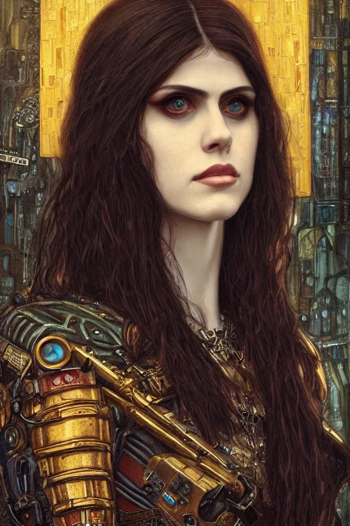 Image similar to portrait of beautiful gothic Alexandra Daddario, cyberpunk, Warhammer, highly detailed, artstation, illustration, art by Gustav Klimt