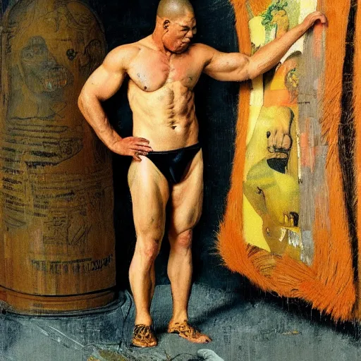 Image similar to shredded physique portrait furry orange striped Mike tyson the champion disguised as a tiger wearing a black vest robert rauschenberg norman rockwell greg rutkowski giorgio de chirico