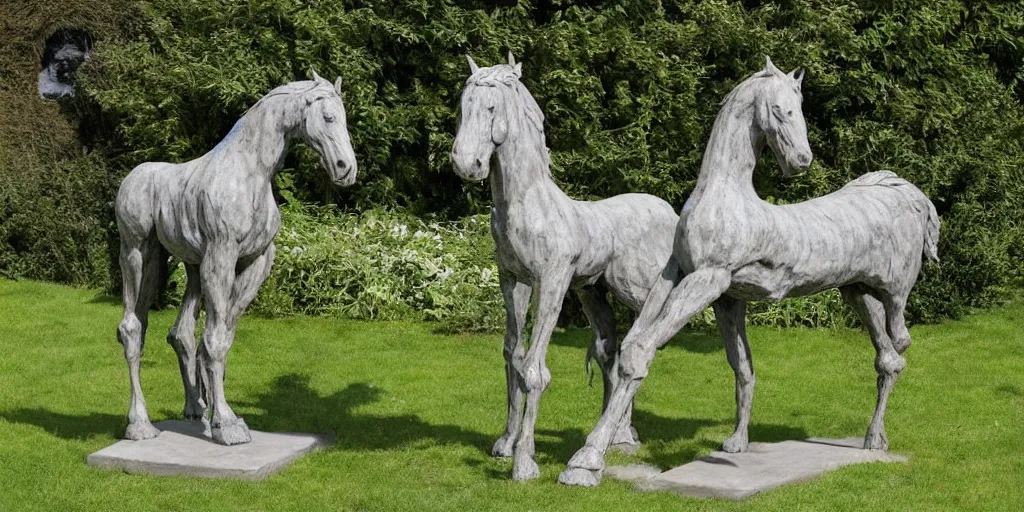 Image similar to art magazine photo, folk art garden sculptures in an english cottage garden, concrete sculpture of a horse, sculpture by wouterina de raad!!!, art by james tellen, highly detailed, realistic anatomical proportions, textured hand built concrete sculpture, amazing concrete sculpture, 4 k