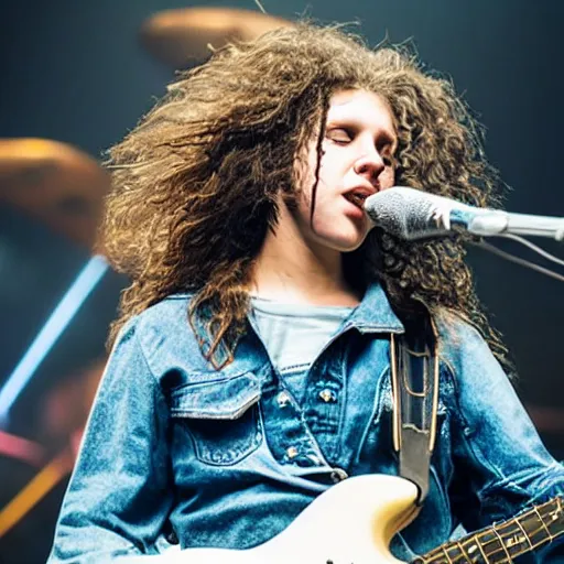 Image similar to 1 9 - year - old girl with shaggy, unkempt, permed hair, double denim, headbanging, playing electric guitar, heavy rock concert, 2 0 2 1 live in concert, streaming 4 k quality