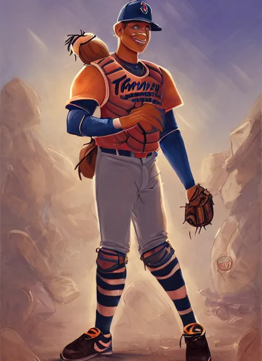 Prompt: fursona commission of a anthro tiger baseball pitcher wearing a baseball uniform in a baseball stadium. pretty, beautiful, DnD character art portrait, matte fantasy painting. Desert mining town. DeviantArt Artstation, by Jason Felix by Steve Argyle by Tyler Jacobson by Peter Mohrbacher, cinematic lighting