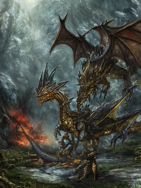 Image similar to final fantasy dragon in the woods, highly detailed, digital art, sharp focus, trending on art station, warhammer 4 0 k fantasy,