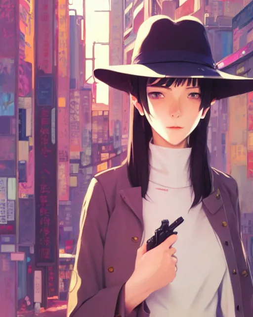 Prompt: girl wearing wide brimmed hat and trechcoat | | fine detail!! anime!! realistic shaded lighting!! poster by ilya kuvshinov katsuhiro otomo ghost - in - the - shell, magali villeneuve, artgerm, jeremy lipkin and michael garmash and rob rey