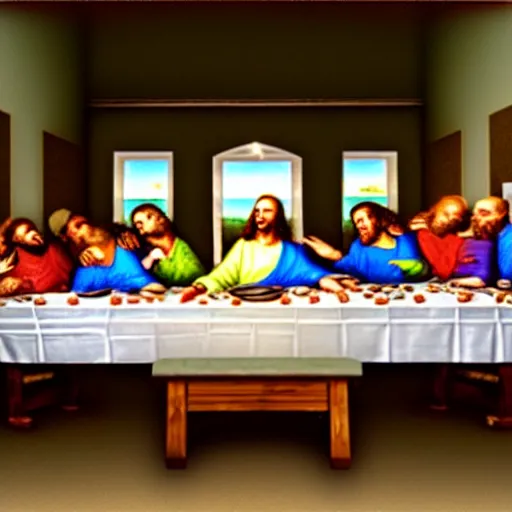 Image similar to the last supper but it is only jesus'clones, realistic, hdr, clear image, hdd, rtx on,