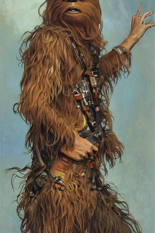 Prompt: realistic detailed painting of chewbacca, by alphonse mucha, ayami kojima, amano, charlie bowater, karol bak, greg hildebrandt, jean delville, and mark brooks, art nouveau, neo - gothic, gothic, rich deep colors