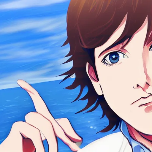 Prompt: s beautiful anime illustration of young Paul McCartney from the Beatles, wearing a blue and white check shirt and watch, relaxing on a yacht at sea, ufotable