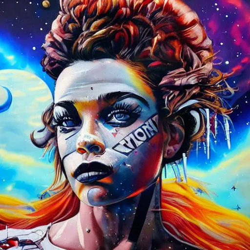 Prompt: painting of a character doing the moonwalk by Sandra Chevrier in a cosmic scenic environment, trending on Artstation, hyperdetailed, beautiful, stars, planets, nebula