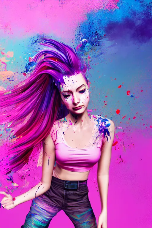 Image similar to a award winning half body porttrait of a beautiful woman in a croptop and cargo pants with ombre purple pink teal hairstyle with head in motion and hair flying, paint splashes, splatter, outrun, vaporware, shaded flat illustration, digital art, trending on artstation, highly detailed, fine detail, intricate